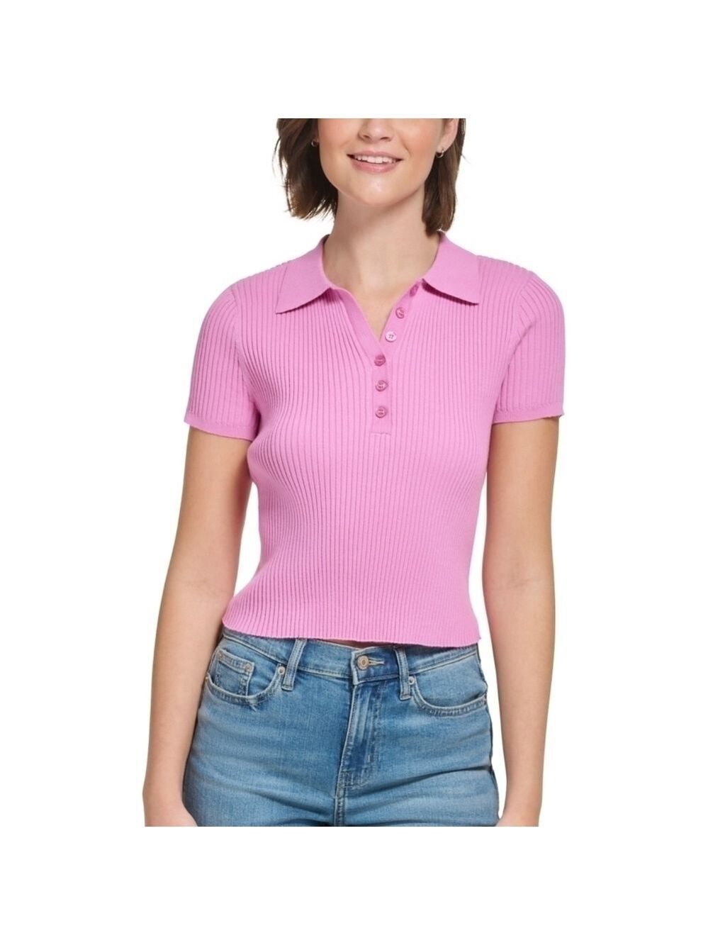New Y2K Calvin Klein Hot Pink Cotton Cropped Ribbed Polo Top Large